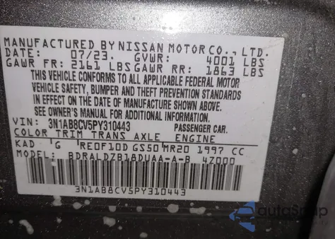 2023 Nissan Sentra Sv Xtronic Cvt z USA, uszkodzony, nr VIN 3N1AB8CV5PY310443